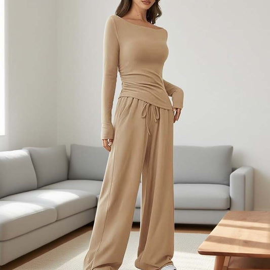 Asymmetrical Long-Sleeve T-Shirt & Wide-Leg Pants Set