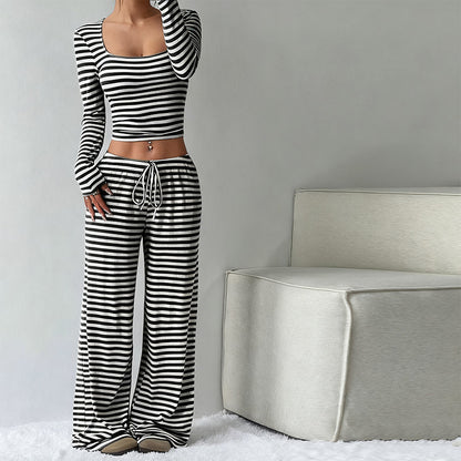 ❄️LAST DAY PROMOTION - 50%OFF 💖 Striped Knit Slim Fit Top & Wide-Leg Pants Set