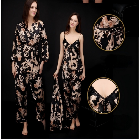 💖LAST DAY PROMOTION - 50%OFF 💖 Oriental Style Women's Pajama 3-Piece Set: Silky Soft with Dragon Pattern