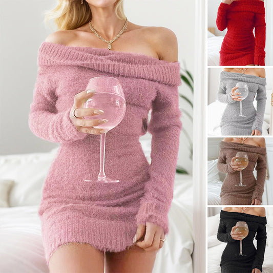 💖LAST DAY PROMOTION - 50%OFF 💖 Women's Knitted Off-Shoulder Bodycon Sweater Mini Dress