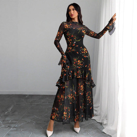 💖Free Shipping LAST DAY PROMOTION - 50%OFF 💖 Floral Print Sheer Mesh Ruffle Hem Maxi Dress