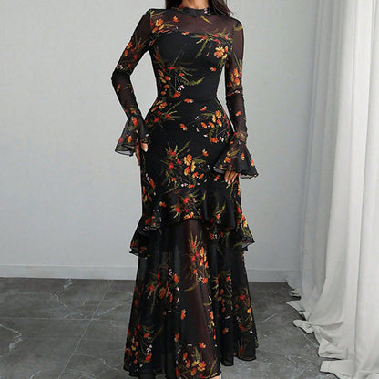 💖Free Shipping LAST DAY PROMOTION - 50%OFF 💖 Floral Print Sheer Mesh Ruffle Hem Maxi Dress